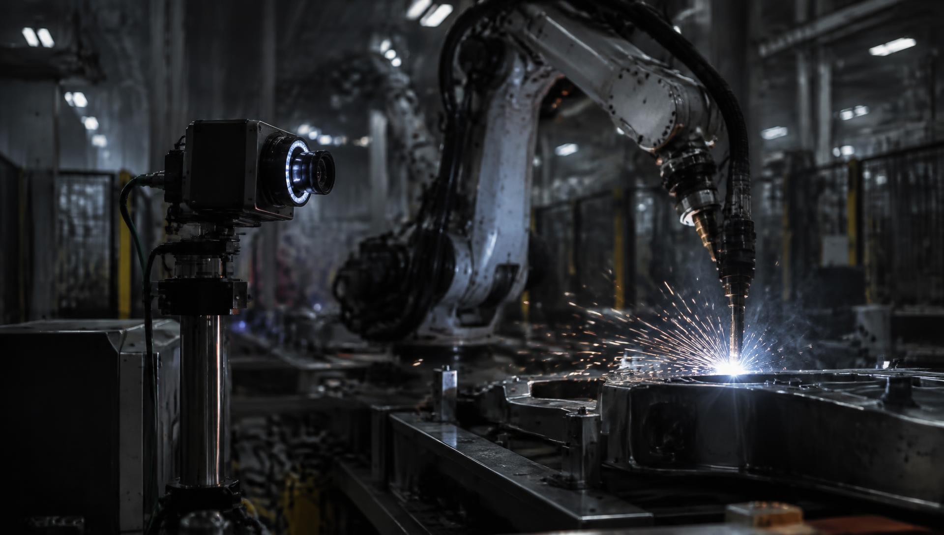Machine vision camera observing a robotic welding cell on a factory floor