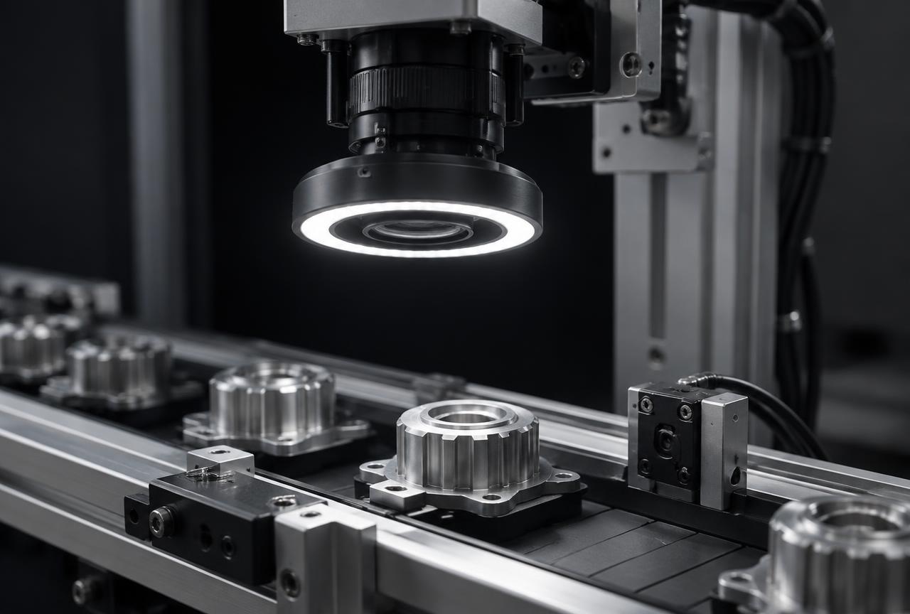 Industrial machine vision camera and ring light inspecting machined parts on a conveyor