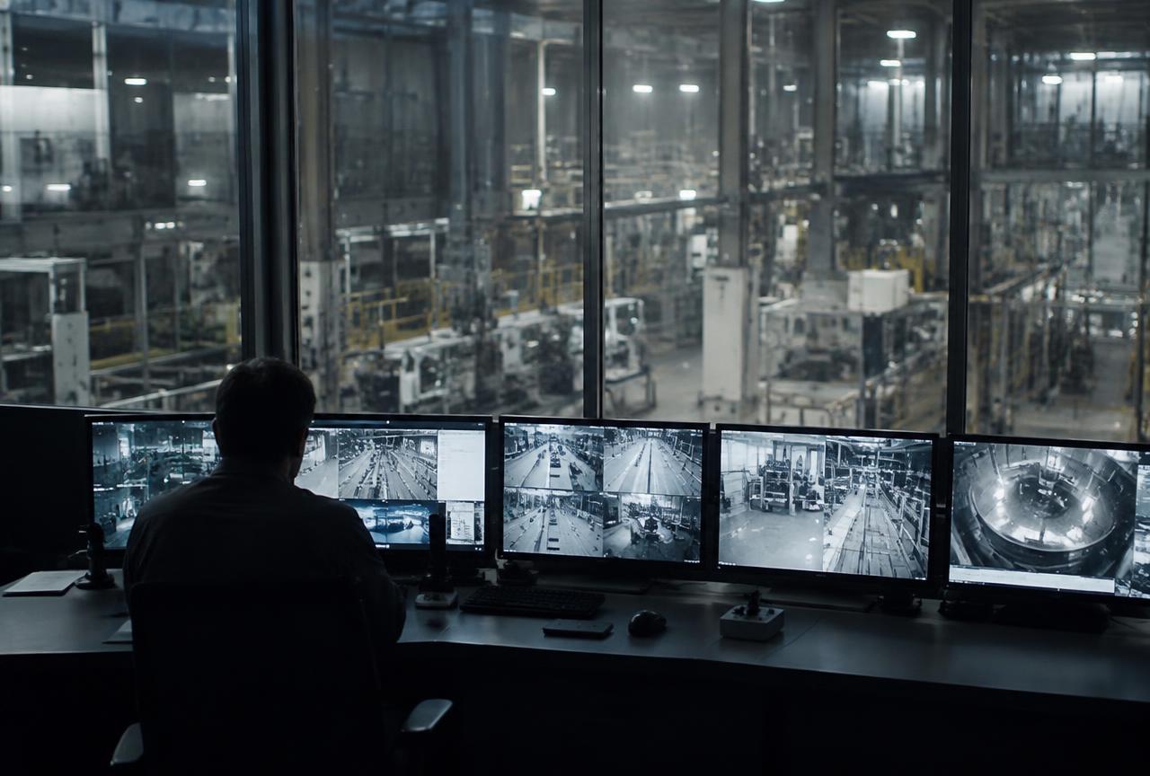 Industrial control room with camera feeds overlooking a production hall