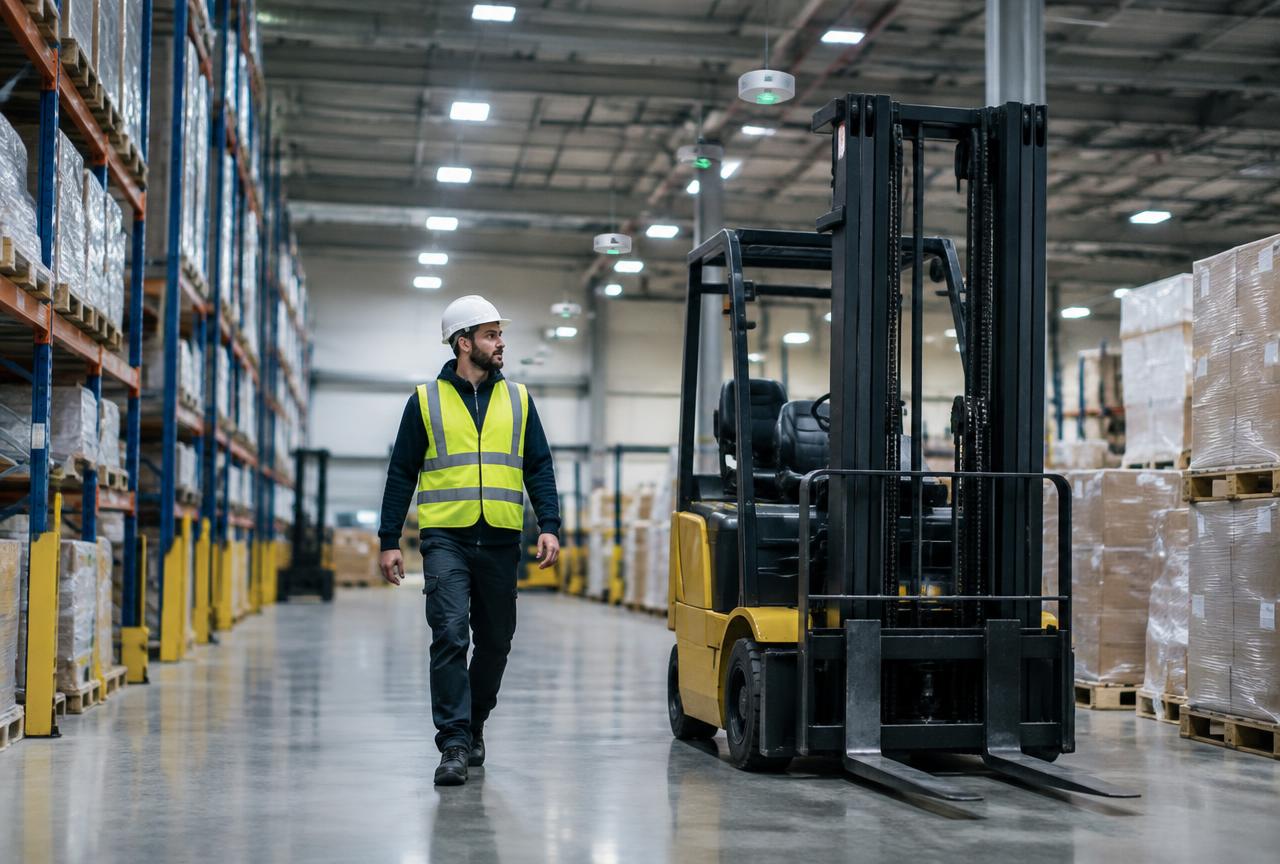 Worker in a high-visibility vest walking near a forklift in a warehouse aisle